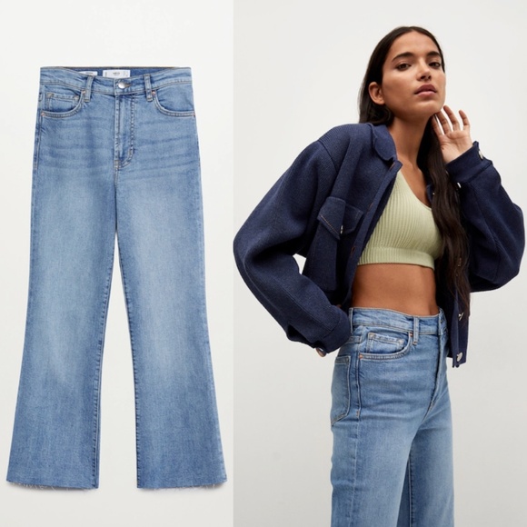 MANGO Jeans Blue Cropped Flared Raw Hem with Pockets - Picture 4 of 13